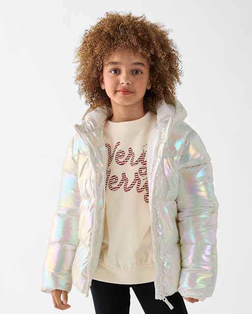Girls Iridescent Microfleece Lined Hooded Puffer Jacket