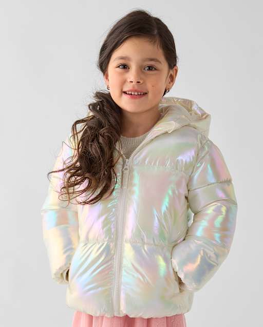 Toddler Girls Iridescent Microfleece Lined Hooded Puffer Jacket