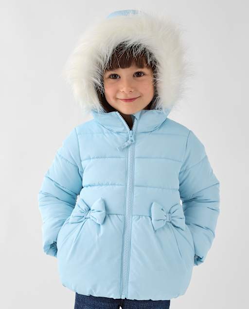 Toddler Girls Bow Faux Fur Lined Bubble Puffer Jacket