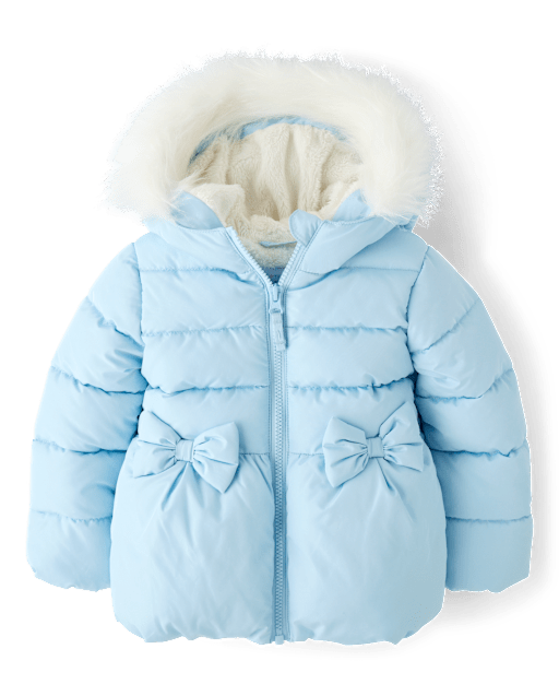 Toddler Girls Bow Faux Fur Lined Bubble Puffer Jacket