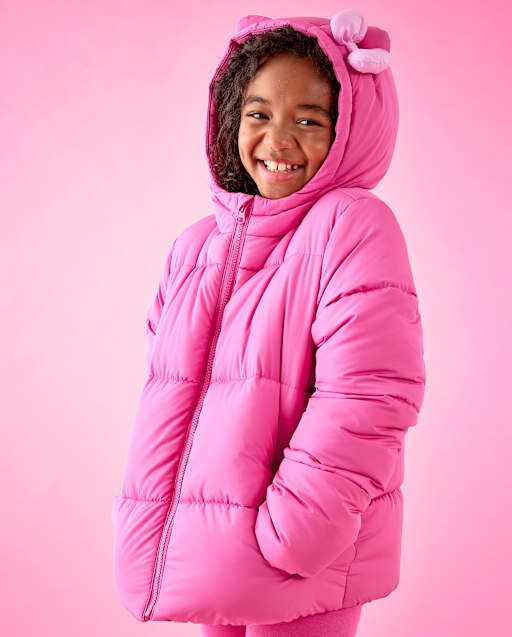 Girls Hello Kitty® Applique Microfleece Lined Hooded Puffer Jacket
