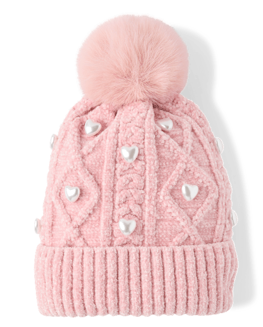 Girls Pearl Cable Knit Pom Pom Beanie