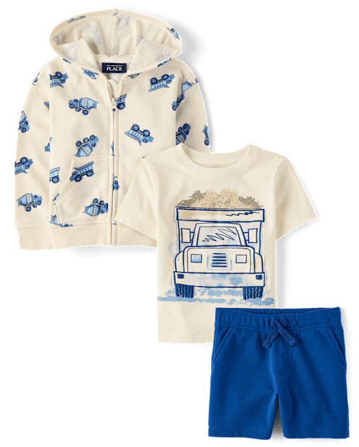 Baby And Toddler Boys Puff Print Construction Vehicle 3-Piece Outfit Set