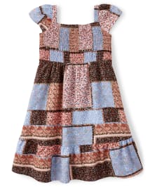 Girls Short Sleeve Patchwork Print Flannel Ruffle Dress - Western