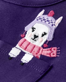 Girls Long Sleeve Embroidered Llama Pocket Top - Little Llamas