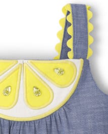 Girls Embrodiered Lemon Chambray Dress - Citrus & Sunshine