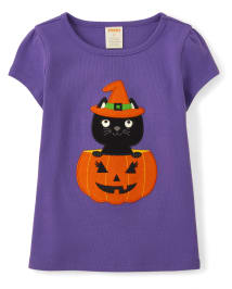 Girls Embroidered Cat Top - Trick or Treat