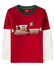 Boys Embroidered Train Layered Top - Gingerbread House