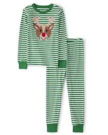 Unisex Long Sleeve Striped Reindeer Snug Fit Cotton Pajamas