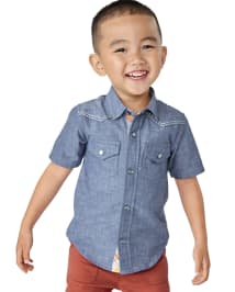 Boys Short Sleeve Embroidered Horse Chambray Snap Front Shirt - Country ...