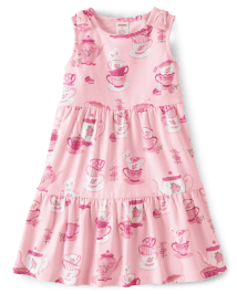 Girls Sleeveless Teacup Print Knit Tiered Dress Time for Tea