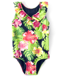 Girls Matching Family Tropical Ruffle One Piece Swimsuit - Aloha