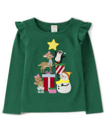 Haut à volants brodé avec scène d'arbre de Noël pour fille - Very Merry