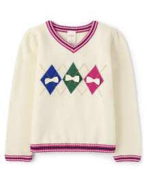 Girls Long Sleeve Intarsia Argyle V Neck Sweater Prep School HALO WHITE Gymboree CA