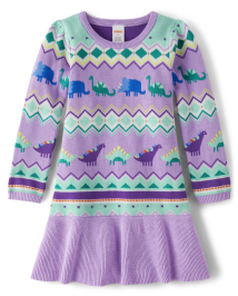 Girls Intarsia Fairisle Peplum Sweater Dress - Dino Friends