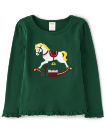 Girls Embroidered Rocking Horse Ruffle Top - Nutcracker