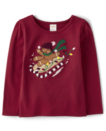 Girls Embroidered Gingerbread Sled Top - Christmas Cabin