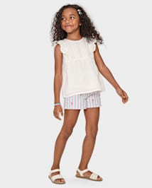 Girls Eyelet Linen-Blend Top
