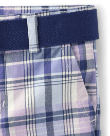 Boys Plaid Belted Chino Shorts - Lovely Lavender