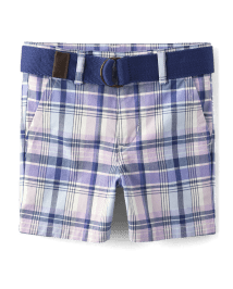 Boys Plaid Belted Chino Shorts - Lovely Lavender