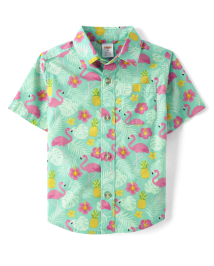 Boys Short Sleeve Flamingo Poplin Button Up Shirt Seaside Palms TROPICAL TRAIL Gymboree CA