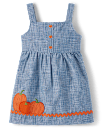 Chasuble en chambray brodée citrouille pour fille - Aventures d'automne