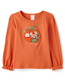 Girls Embroidered Mouse Pumpkin Top - Autumn Adventures