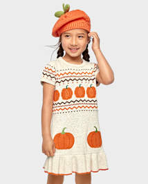 Girls Embroidered Pumpkin Peplum Sweater Dress - Autumn Adventures