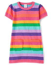 Girls Rainbow Striped Sweater Dress Classroom Cutie Pink