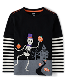 Haut superposé à motif squelette brodé pour garçon - Halloween