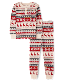 Unisex Kids Matching Family Christmas Long Sleeve Reindeer Fairisle Henley Snug Fit Cotton Pajamas Gymmies TAN Gymboree CA