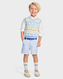 Boys Belted Seersucker Shorts - Garden Party