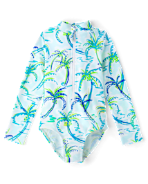 Girls Palm Tree Rashguard One Piece Swimsuit - Swim