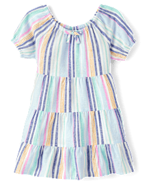 Girls Striped Linen-Blend Tiered Dress - Italian Riviera