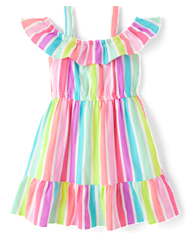 Girls Rainbow Striped Linen-Blend Off Shoulder Dress - Swim