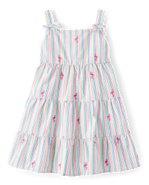 Robe à volants en seersucker brodée flamant rose pour fille - Seaside Palms