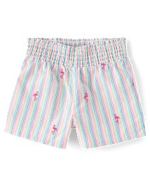 Short à enfiler en seersucker avec motif flamant rose brodé pour fille - Seaside Palms