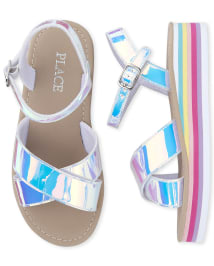 Girls Holographic Rainbow Faux Patent Leather Matching Platform