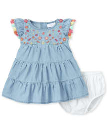 Baby Girls Short Sleeve Embroidered Flower Tassel Denim Tiered Dress And Bloomers Set CHAMBRAY The Children s Place CA