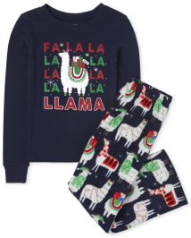 Unisex Kids Matching Family Long Sleeve Festive Llama Snug Fit Cotton Top  And Fleece Pants Pajamas