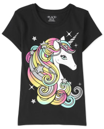 Girls Short Sleeve Glitter Rainbow Unicorn Graphic Tee