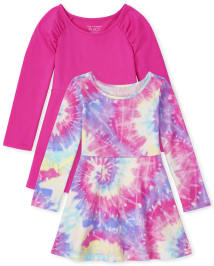 Toddler Girls Long Sleeve Solid And Tie Dye Knit Skater Dress 2-Pack