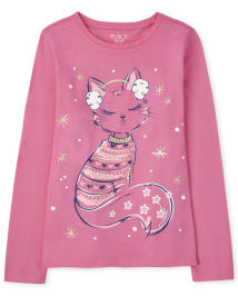 Girls Winter Cat Graphic Tee