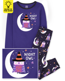 Girls Glow Night Owl Snug Fit Cotton Pajamas