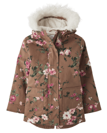 Girls Long Sleeve Floral Print Faux Fur Hooded Twill Parka Jacket