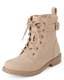 Girls Quilted Buckle Faux Leather Lace-Up Boots