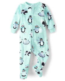 Baby And Toddler Girls Long Sleeve Penguin Print Fleece Footed One Piece Pajamas AQUA The Children s Place CA