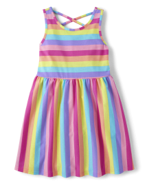 Girls Rainbow Striped Cross-Back Dress