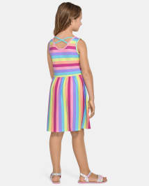 Girls Rainbow Striped Cross-Back Dress