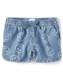 Girls Happy Face Chambray Pull On Shorts